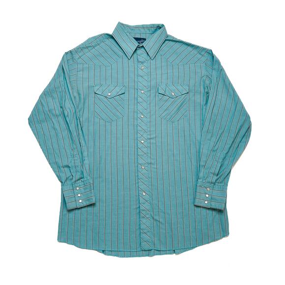 Wrangler X Long Tails Vintage Pearl Snap Shirt Striped Blue Men's 17 1/2-36 80s - Picture 6 of 7